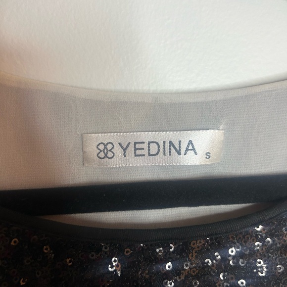 YEDINA size S, long sleeve dress green and black, sequins, sheer - Picture 5 of 7